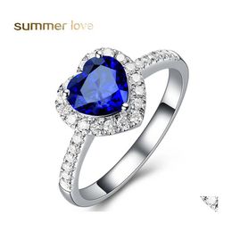 Band Rings Blue Austrian Crystal Heart Love For Women Clear Rhinestone Romantic Wedding Jewelry Party Wholesale Drop Delivery Otm4Z