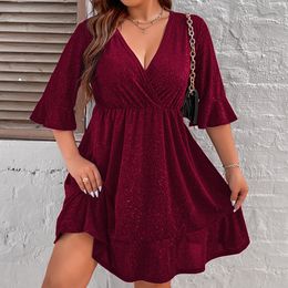 Plus size Dresses Glitter Large Size 4XL Sequin Midi Dress Women Autumn Ruffles Half Sleeve V Neck Solid Elegant Evening Party 230130