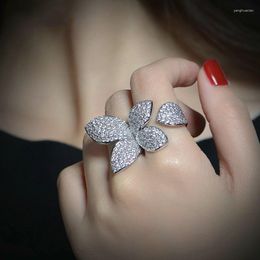 Wedding Rings Vintage Flower Leaf Ring Pave Setting Cz Sona Stone Silver Colour Party Band For Women Finger Jewellery