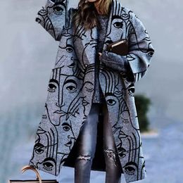 Women's Woollen coat blends multiple Colour matching plaid long-sleeved lapel coat printed cloth coat s-5xl