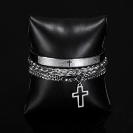 Charm Bracelets 3pcs/Set Luxury Stainless Steel Cross Bracelet For Men Jewellery Open Brangle Carving Spanish Scripture Pulseira Bileklik