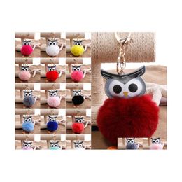 Keychains Lanyards Creative Doublesided Pu Owl Hair Ball Key Ring Cute Bag Car Pendant Fashion Pompom Keychain Cartoon Animal Keyf Dhlno