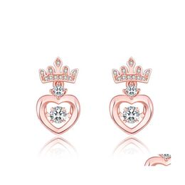 Stud Rose Gold Crown Heart Earring Mujeres Elegante Aaa Zircon Palpitante Dulce Cute Romantic Girl Ear Jewelry Sier Pendientes Drop Deli Dhcob