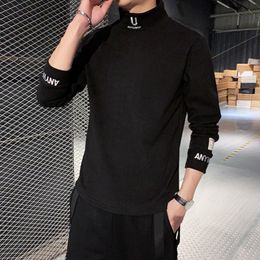 Men's T-Shirts Cashmere T-Shirts Men Long Sleeve Embroidery Letter T Shirt Homme Turtleneck Streetwear Casual T-shirts Male Fashion Tee 230130