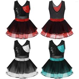 Stage Wear Kids Girls Ballet Gymnastics Leotard Dress Shiny Sequins Sleeveless V Neck Contrast Colour Tutu Mesh Dance Performance Costumes