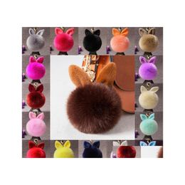 Keychains Lanyards Women Fuzzy Bunny Ear Keychain Fashion Faux Rabbit Fur Keyfobs Hoder Charms Bag Keyring Fluffy Pompom Key Rings Dh6Ru