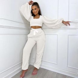 Women's Two Piece Pants 2 Pcs Women Plush Casual Clothes Set Suit Sexy Square Neck Long Lantern Sleeve Midriff-baring Pullover Crop Top
