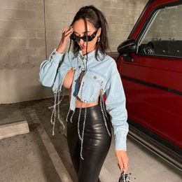 Women's Blouses HAOOHU Blue Jean Jaket For Women Long Sleeve Coat Drop Lady Streetwear Sexy Tassel Chain Backless Denim Jacket Urban