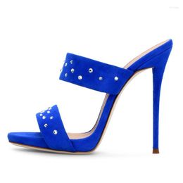 Slippers 2023 Summer Fashion High Heels 12CM Stiletto Crystal Rhinestone Ladies Slipper Sexy Big Yards 43 Blue Women's Shoes