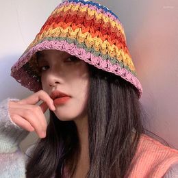 Wide Brim Hats Ins Fashion Straw Hat Colourful Crochet Hand-made Protection Sun Visor Beach For Women Visors Foldable Summer