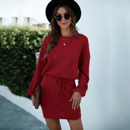 Casual Dresses Women Knitted Dress Nice Autumn Winter Long Sleeve O-Neck Lace-up Package Hip Mini Red Elegant Office Lady