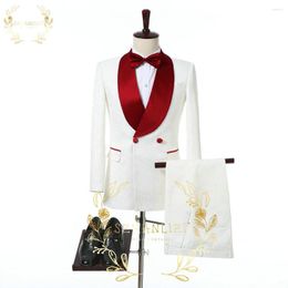 Men's Suits 2023 Latest Coat Pant Designs White Printed Formal Wedding Men Dress Double Breasted Slim Fit Groom For