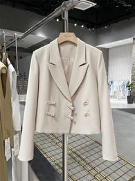 Women's Suits 2023 Spring And Autumn Beige Crop Design Blazer British Style Women's Fashion Retro Double Breasted Short Suit Coat T2061