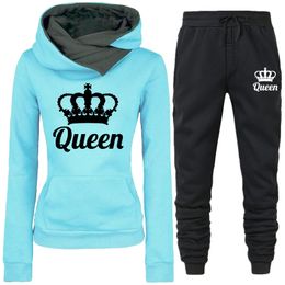 Women's Tracksuits Spring Women Clothes Two Pieces QUEEN Print Tracksuit Hoodies Joggers Set Outfits Female Fleece Sweatshirts Sweatpants 230131