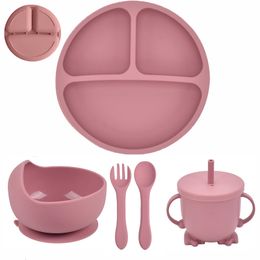 Cups Dishes Utensils 4/5Pcs Baby Silicone Bowl Divided Plate Feeding Bowl Straw Cup Fork Spoon for Toddlers Training Tableware Set BPA Free 230130