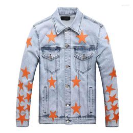 Men's Jackets Leather Pentagram Patchwork Streetwear Denim Hip Hop Black Washed Jeans Outwear Coats For Male Size S-XXL