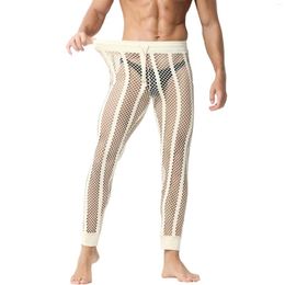 Men's Thermal Underwear Men Pants Mesh Long Johns Patchwork Elastic Waist Transparent Streetwear Casual Trousers Fitness Sexy See Through