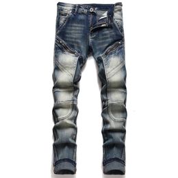 Men's Jeans Pactchwork Trousers For Men Streetwear Denim Pants Trend Brand Casual Solid Biker Simple Design Man Motorcycle Jean Male 230131