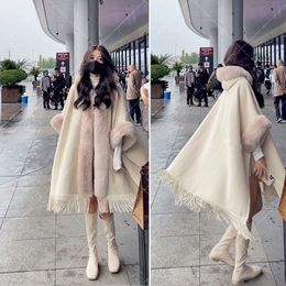 Women's Wool Blends ZJZLL Trends Faux Rex Rabbit Fur Coat Cape Hooded Tassels Cardigan Cloak Women Fall Winter Overcoat Poncho Wraps 230130