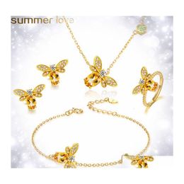 Earrings Necklace Yellow Crystal Honey Bee Pendant Women Jewellery Cute Rhinestone Bracelets Rings Set Gold Drop Delivery Sets Ot1Dm
