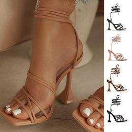 Sandals Sexy Cross Strap Gladiator Women Fashion Square Toe Thin High Heels Ladies Wedding Party Shoes 2023 Summer Female Pumps