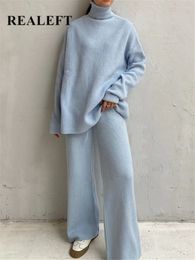 Women's Tracksuits REALEFT Autumn Winter 2 Pieces Women Sets Knitted Tracksuit Turtleneck Sweater and Wide Leg Jogging Pants Pullover Suit 230131