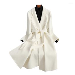 Women's Trench Coats Autumn Winter White Double-Sided Cashmere Coat Ladies Long Clothes High Quality Lace Up Wool Jacket Fashion Slim