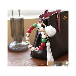 Key Rings Sile Beaded Christmas Chain Pu Leather Tassel Plush Ball Tree Santa Claus Wrist Bracelet Keychain Drop Delivery Jewellery Dhkfn