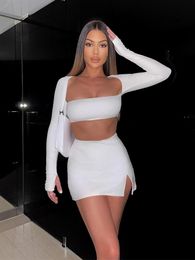 Two Piece Dress Townlike White Sexy Two Piece Set Long Sleeve Crop Top And Side Split Mini Skirts Slim 2 Pieces Sets Women Autumn Outfits 230130