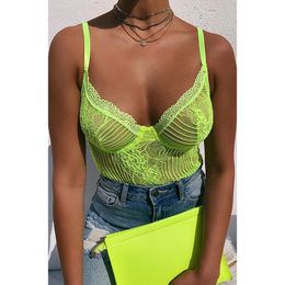 Women's Jumpsuits Rompers BKLD Summer Neon Green VNeck Lace Spaghetti Strap Bodysuit Women Transparent Sexy Jumpsuit Overalls Party 230131