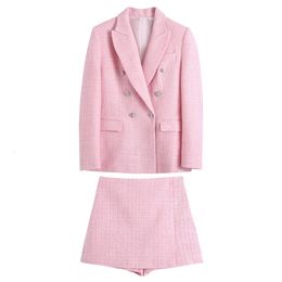 Two Piece Dres Sweet Pink Double Breasted Plaid Texture Blazer Coat Jacket Fashion Ladies High Street Skirt Outwear Sets 230131