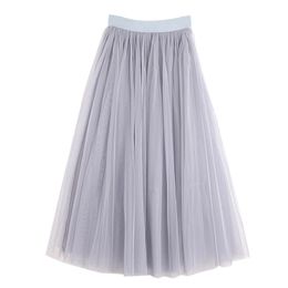 Skirts Vintage Tulle Skirt Women Elastic High Waist 3 Layers A-line Pleated Mesh Skirt Long Bride Tutu Skirts Female Jupe Longue 230131