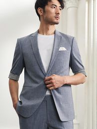 Men's Suits Men Suit Light Blue 2023 Summer Thin Blazer Pant Single One Button Slim Fit Three Quarter Sleeve Leisure Style Plus Size 58
