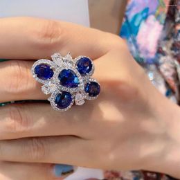 Cluster Rings Fashion Light Luxury 925 Silver Temperament Deep-sea Sapphire Stacked Flower Color Treasure Open Ring For Women Fine Jewelry