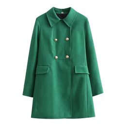 Women's Wool & Blends Women Spring Autumn Solid Green Oversize Long Jacket Female Turn Down Collar Double Breasted Pocket Overcoat Chic Lady