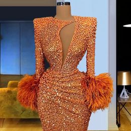 Pearls Feather Mermaid Evening Dresses Orange Long Sleeves Sequins Prom Gown Custom Made Formal Party Floor Length High Neck Vestido