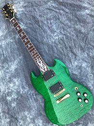 Guitarra elétrica clássica personalizada, braço de mogno, top de bordo de chama, corpo verde, guitarra personalizada