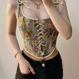 Women's Tanks Atopos Sexy Corset Floral Crop Top Summer Women Bandage Tank Camis French Vintage Sleeveless Tube Tops Vest Female Outfits