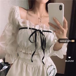 Women's TShirt Sexy Top Women Blouse With Lace Up Off Shoulder s Puff Sleeve White Shirt Vintage Ruffle Crop Solid Colour Black Female 230131