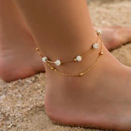 Anklets 2023 Fashion Double Layer Pearl Charm Anklet Gold Silver Plated Zircon Ball Chain Waterproof Brass For Women