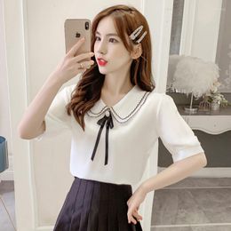 Women's Blouses & Shirts #4079 White Apricot Chiffon Shirt Summer 2023 Bowknot Double Layer Bottom Short Sleeve Top Office Thin Cute Blouse