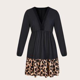 Plus size Dresses Women Size 4XL Leopard Print Tunic Midi Shirt Dress Autumn Lace Long Sleeve Black Fashion Elegant Clothing Vestido 230130