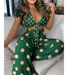 Women's Two Piece Pants Women Summer Leisure Printed Flowers High-Waisted Two-Piece Set Lotus Leaf Sleeve Bow Tie Front Top High Waist