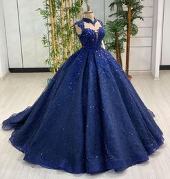 Gorgeous Royal Blue Formal Evening Dresses Princess Ball Gown Lace Beading Sheer High Collar Cap Sleeves Women Prom Pageant Gowns