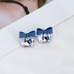 Stud Earrings Korea Fashion Bling Crystal Blue Colour Bow For Woman Exquisite High Quality 2023 Geometric