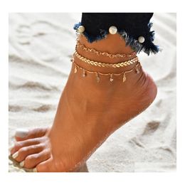 Anklets Fashion Jewellery Anklet Set Leaves Chain Rhinstone Ankle Bracelet 3Pcs/Set Drop Delivery Dhbg5