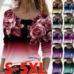 Women's TShirt Spring Autumn Fashion Loose Casual Floral Print Long Sleeve Round Neck Tshirt Tops Blouses 230130