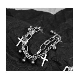 Charm Bracelets Gothic Hip Hop Metal Cross Pendant Stainless Steel Bracelet For Women Beads 2 Layering Linked Chain Cool Jewellery Gif Dh1Hn