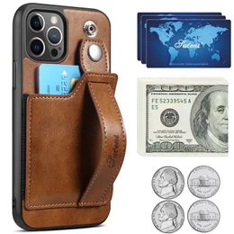 Leather Phone Cases Hand Wrist Strap Back Cover For iPhone 11 12 13 14 Pro Max Xr Xs 7 8 Plus Samsung s22 s21 Wallet Card Slot Phone Holder Stand Case