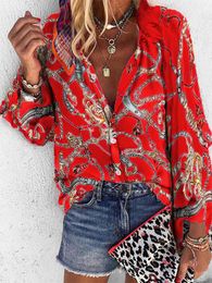 Women's Blouses Shirts Design Women Blouse V-neck Long Sleeve Chains Print Loose Casual Office Shirts Womens Tops And Blouses 230131